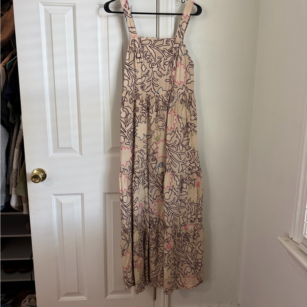 Knox Rose Beige Floral Tiered Maxi Sundress with Pink Accents